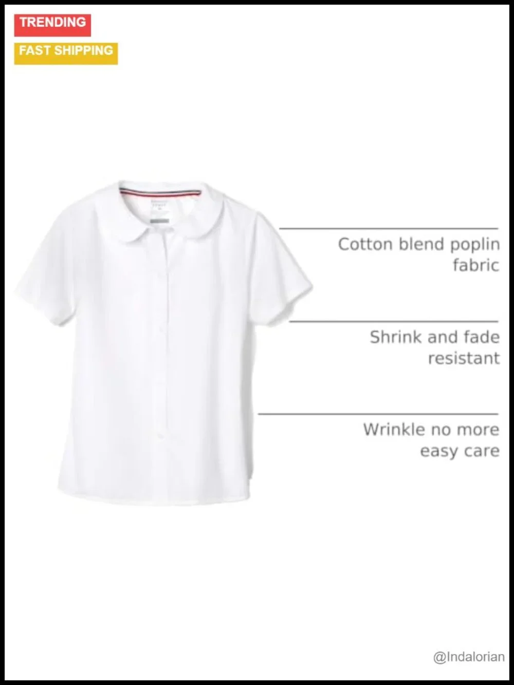 Peter Pan Collar Short Sleeve Blouse - Cotton Blend Poplin, School Uniform